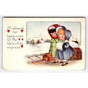Valentine Postcard Whitney Children Girl Muff Hand Warmer All Aboard Train Track
